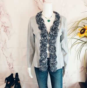 RED Rosette Trim Cardigan Gray Knit Sweater Boutique Large Boho